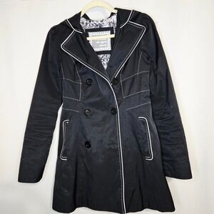 Guess Ladies Black Hooded Trench Coat White Trim Accents Double‎ Breasted Size M